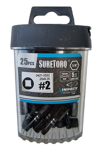 Suretorq Square Impact Insert Bit SQ2 25mm 1/4" Hex (Box of 25) 04212522