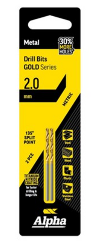 Alpha 2mm Jobber Drill Bit Carded 2pk Gold Series C9LM020