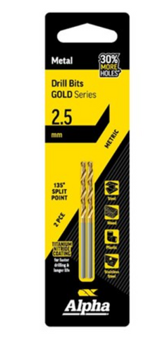 Alpha 2.5mm Jobber Drill Bit Carded 2pk Gold Series C9LM025