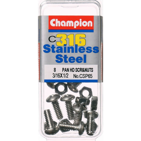 Champion Pan Head Screws and Nuts 3/16 “ x 1/2 “ CSP65