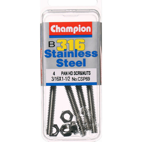 Champion Pan Head Screws and Nuts 3/16 “ x 1-1/2 “ CSP69