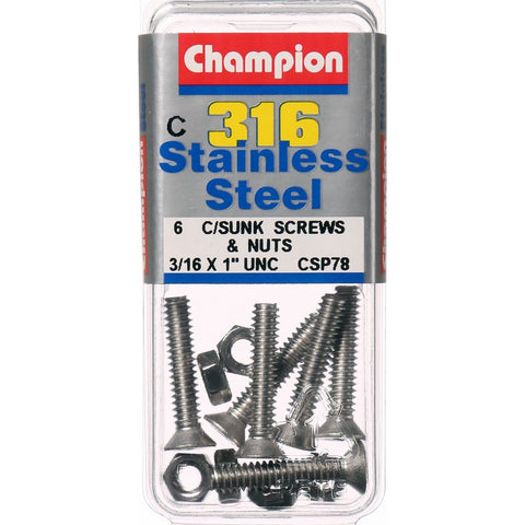 Champion Machine Screws and Nuts CounterSunk 3/16“ x 1 “ 316/A4 CSP78