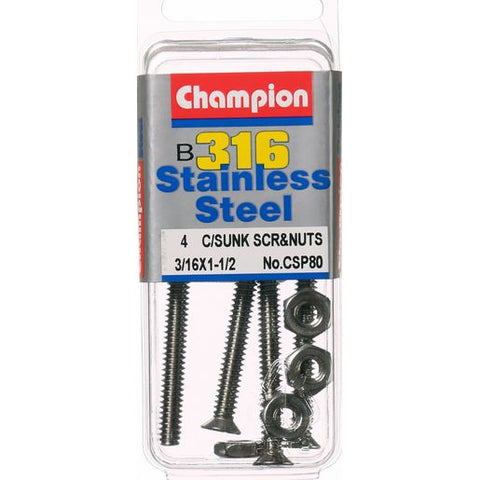 Champion Machine CounterSunk Screws and Nuts 3/16“ x 1-1/2 “ 316/A4 CSP80